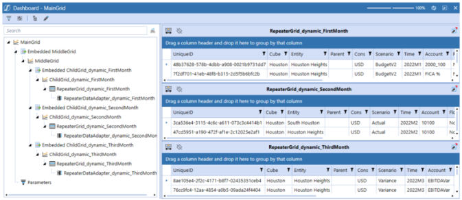 Example of embedded dashboard viewable in design mode as three separate dashboards, grid components, and data adapters.